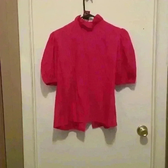 Pitchfork Brand Pink Ruffle Poofy Short Sleeve Button Down Blouse - Size Medium - Picture 4 of 4